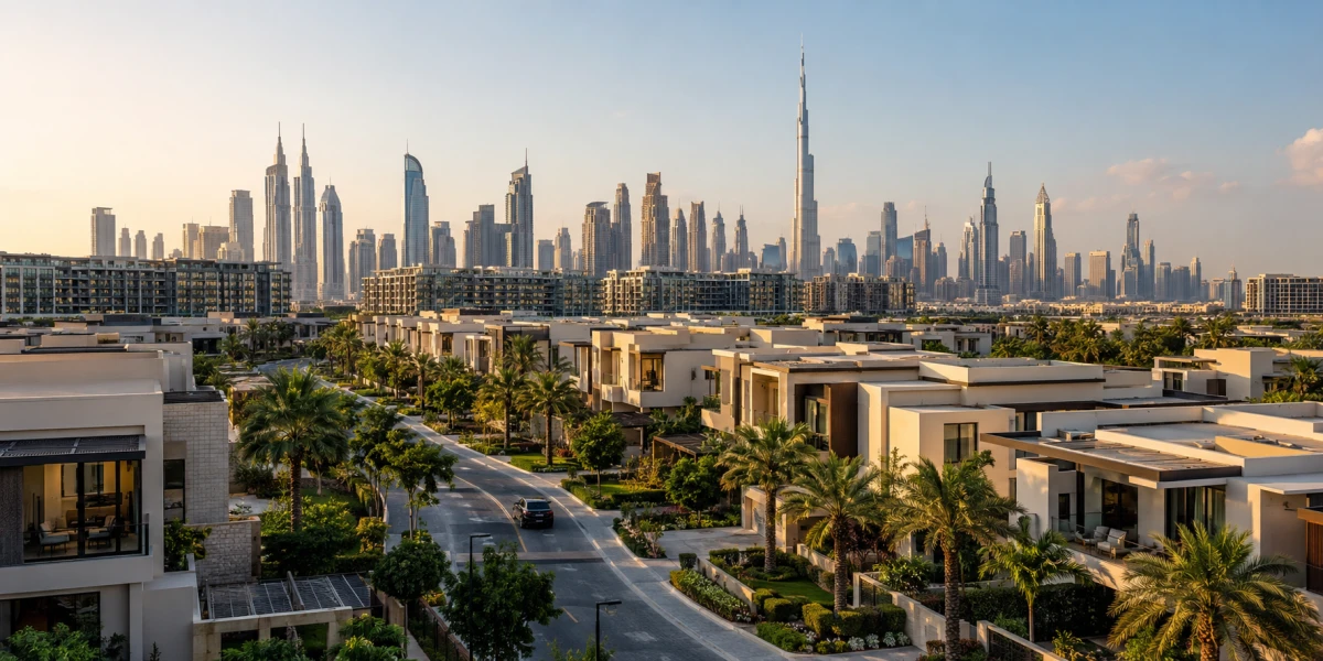 Golden hour over a luxury neighborhood